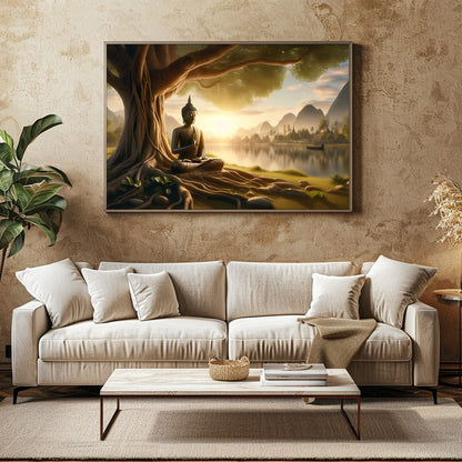 Embrace the serene beauty of this captivating artwork featuring a Buddha statue peacefully seated for Family Room