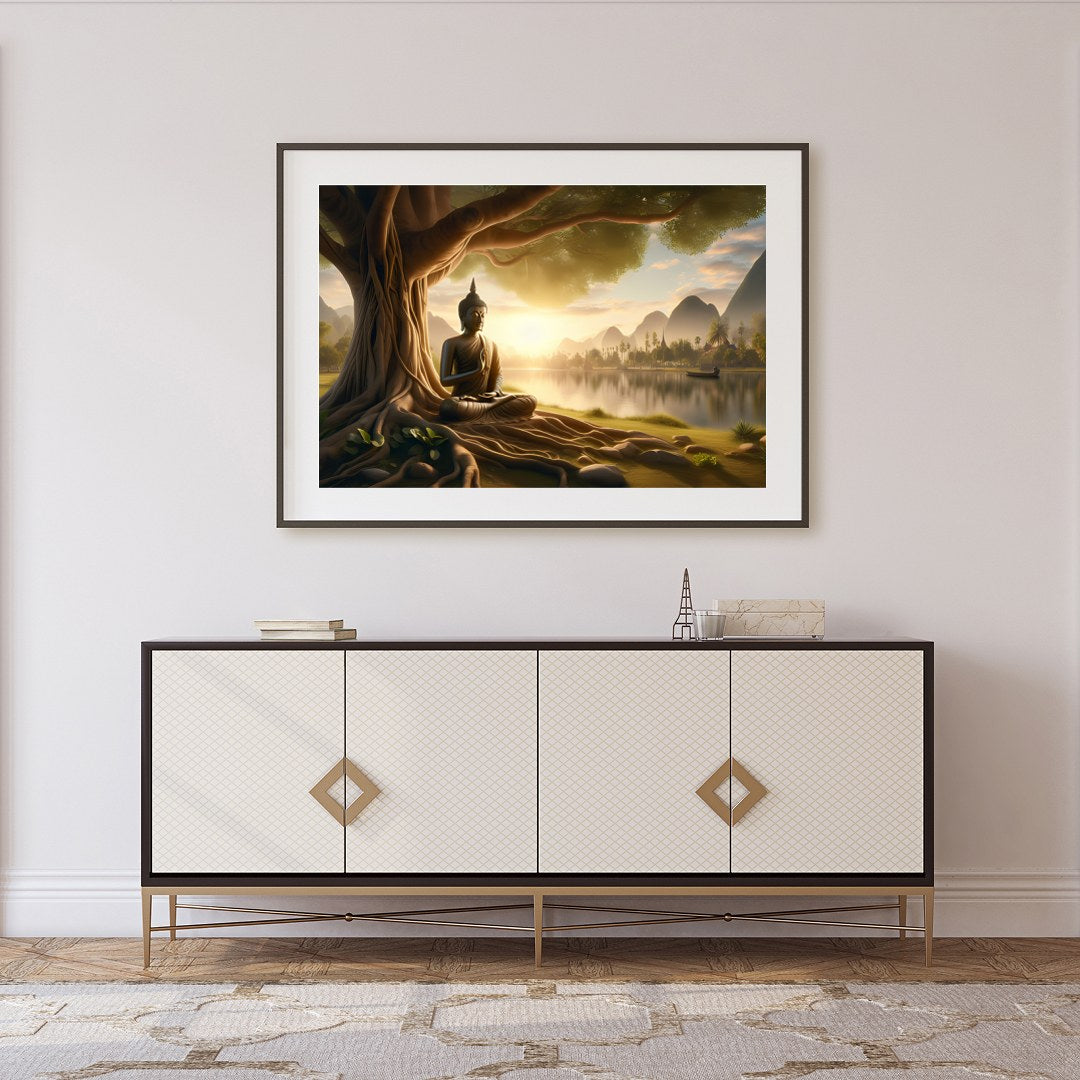 Embrace the serene beauty of this captivating artwork featuring a Buddha statue peacefully seated for Foyer