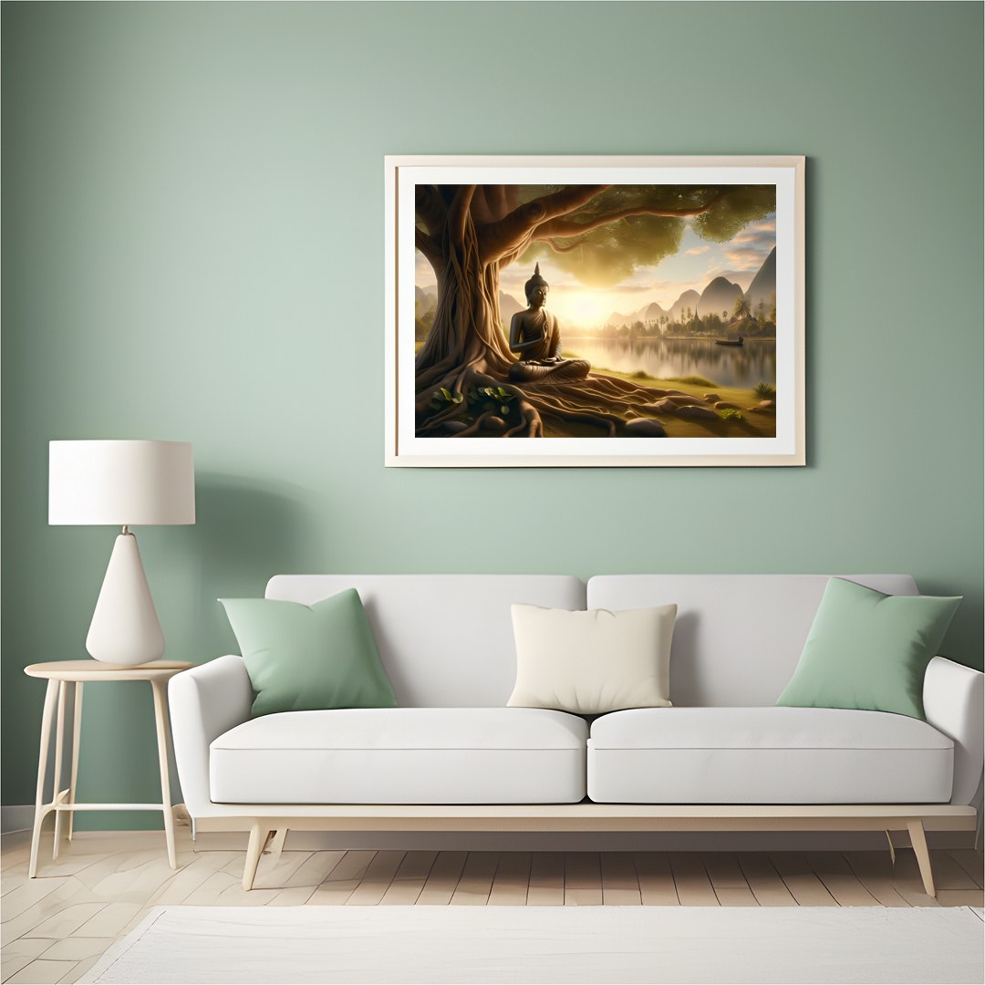 Embrace the serene beauty of this captivating artwork featuring a Buddha statue peacefully seated for Hall