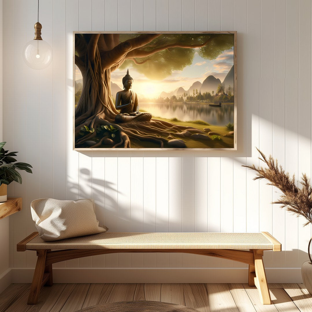 Embrace the serene beauty of this captivating artwork featuring a Buddha statue peacefully seated for Hallway