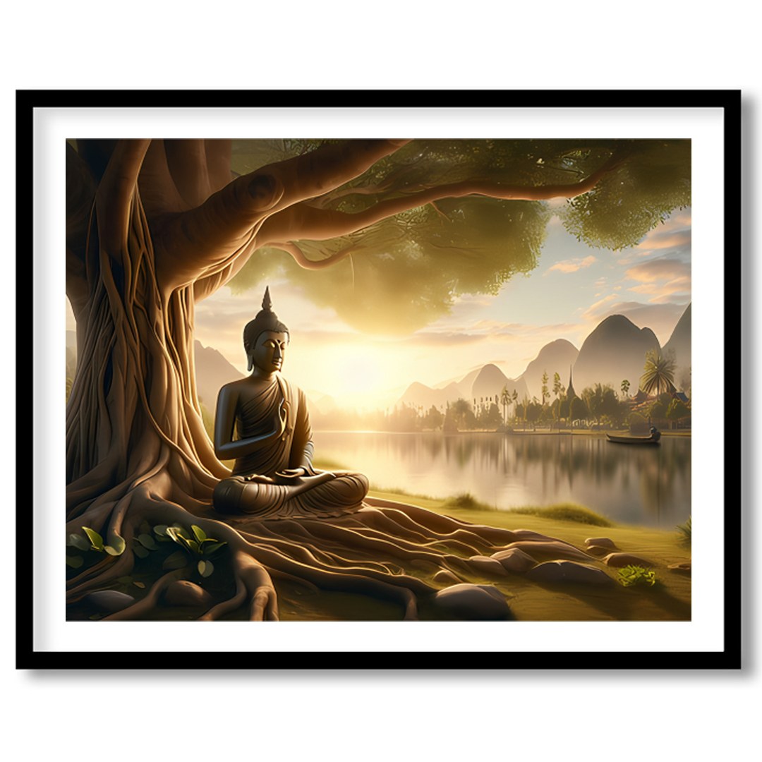 Embrace the serene beauty of this captivating artwork featuring a Buddha statue peacefully seated for interior