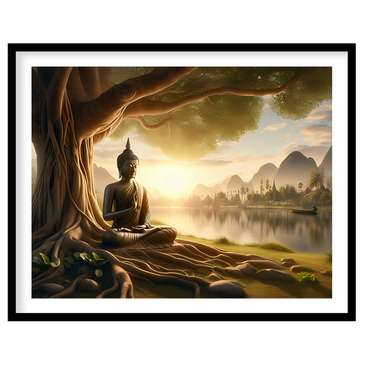 Embrace the serene beauty of this captivating artwork featuring a Buddha statue peacefully seated for interior