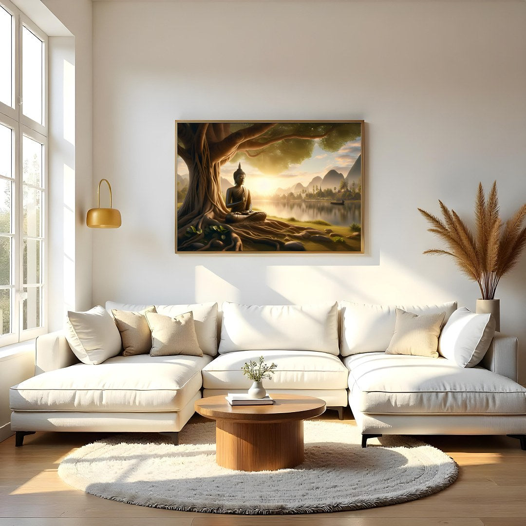 Embrace the serene beauty of this captivating artwork featuring a Buddha statue peacefully seated for Living Room