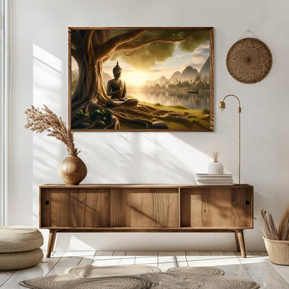 Embrace the serene beauty of this captivating artwork featuring a Buddha statue peacefully seated for Sitting Area