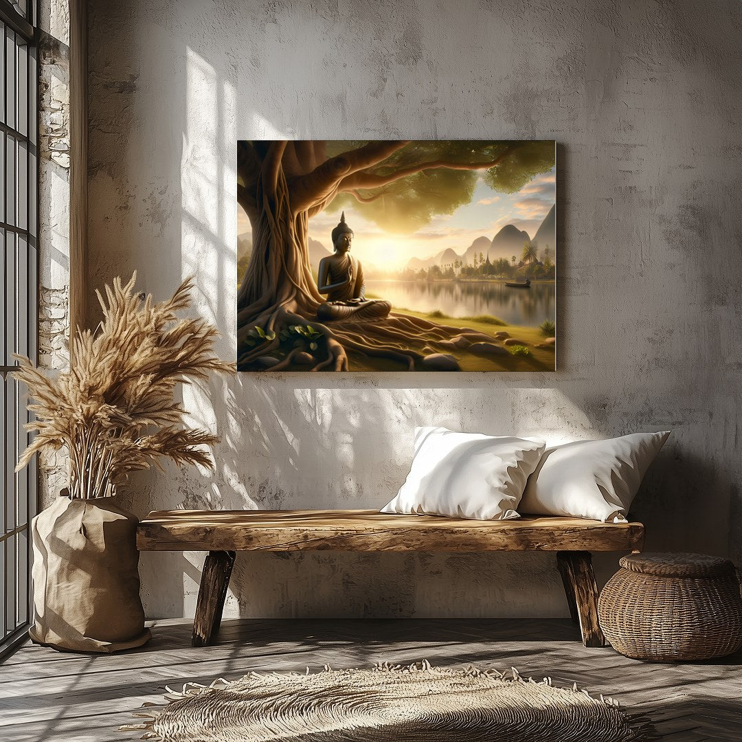 Embrace the serene beauty of this captivating artwork featuring a Buddha statue peacefully seated for Veranda