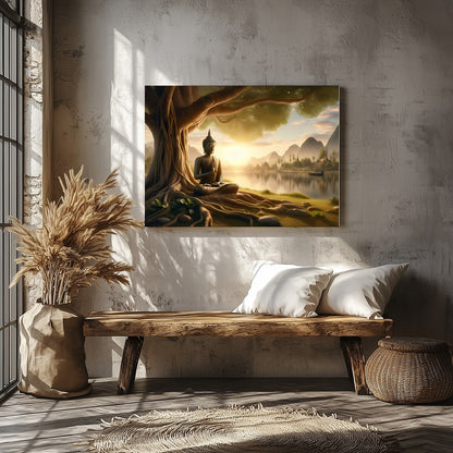 Embrace the serene beauty of this captivating artwork featuring a Buddha statue peacefully seated for Veranda