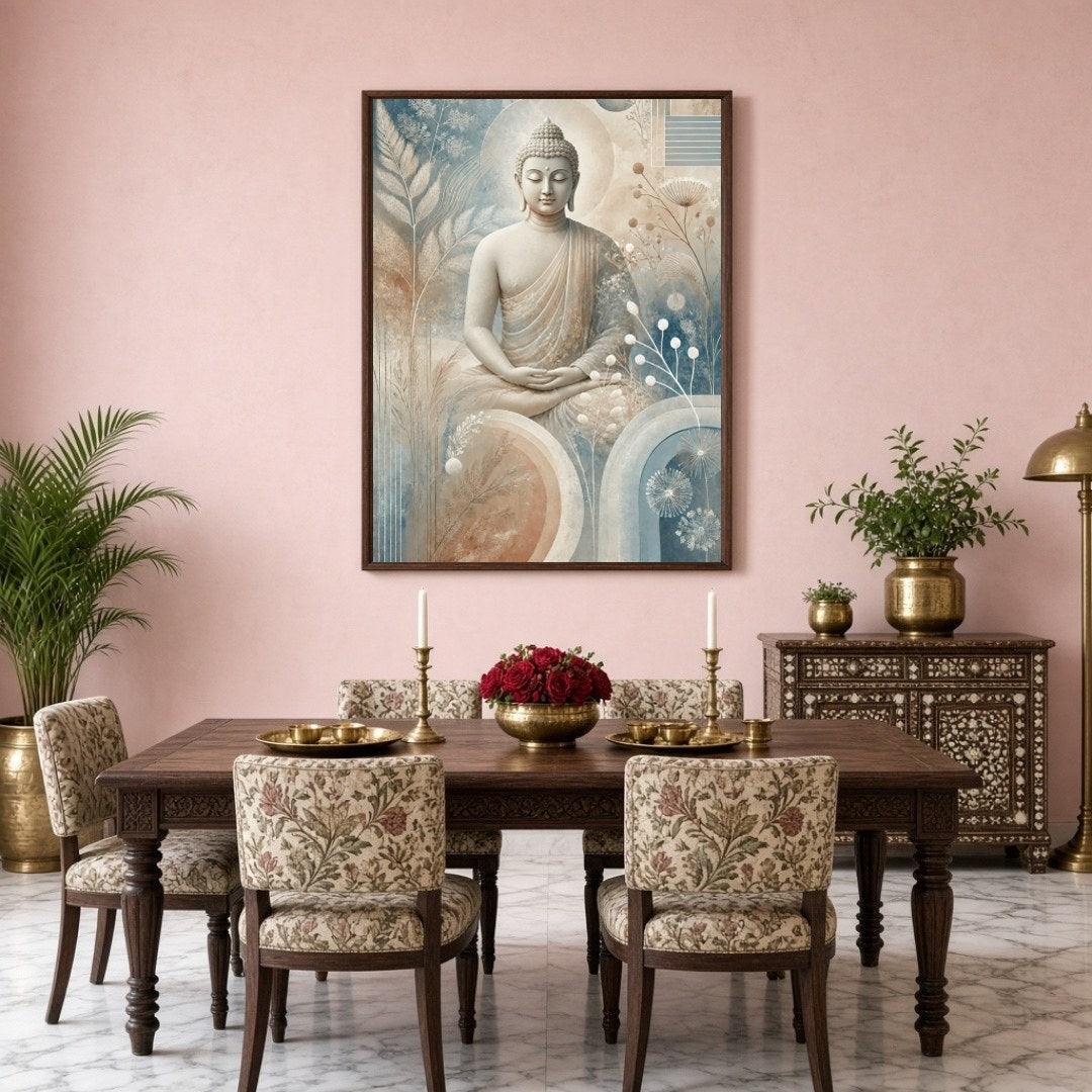Immerse yourself in serenity with this captivating depiction of Lord Buddha, gracefully seated for Dining