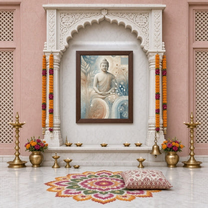 Immerse yourself in serenity with this captivating depiction of Lord Buddha, gracefully seated for Home Temple