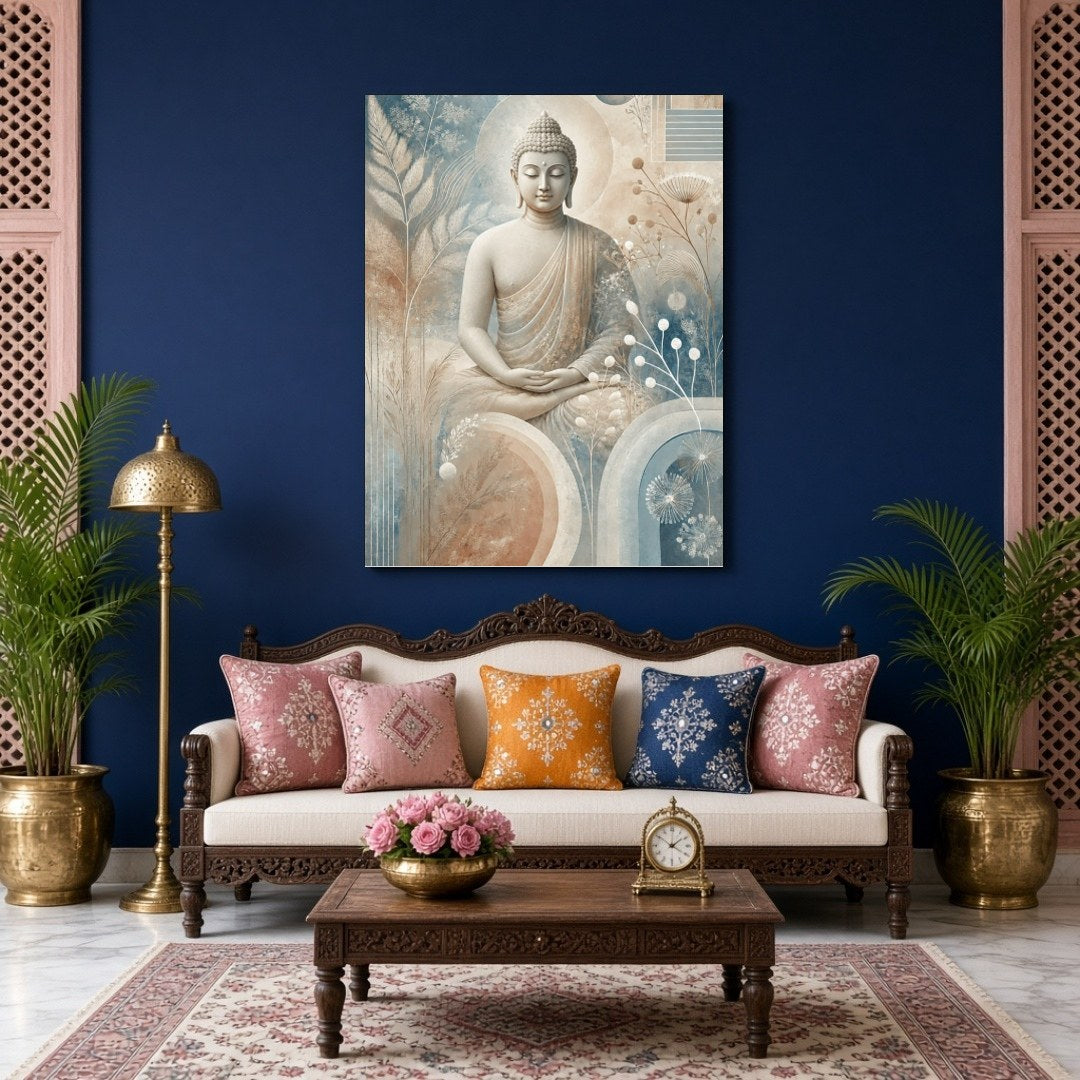 Immerse yourself in serenity with this captivating depiction of Lord Buddha, gracefully seated for Living Room