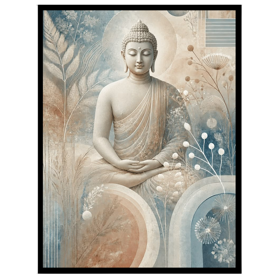 Immerse yourself in serenity with this captivating depiction of Lord Buddha, gracefully seated for living-space