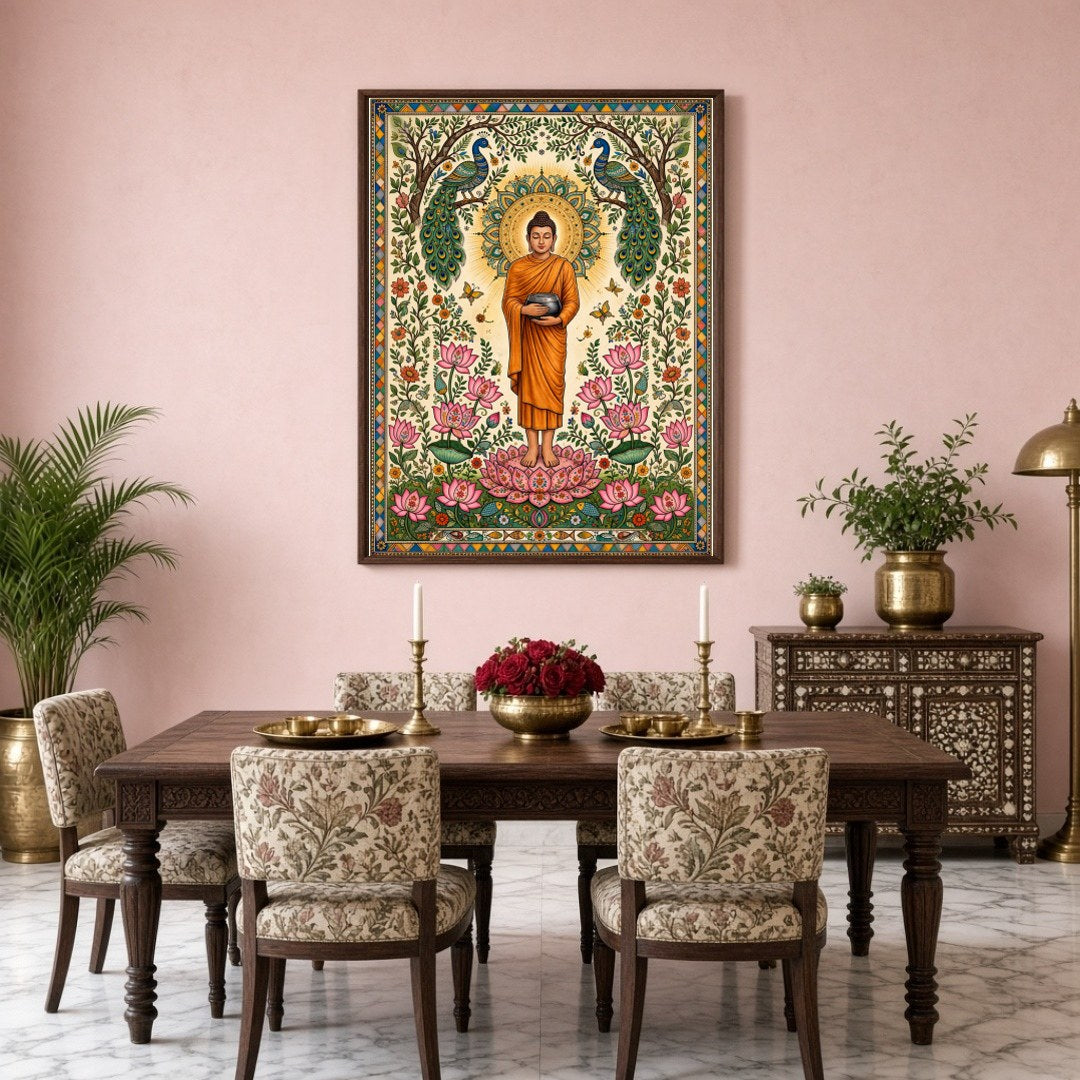 Immerse yourself in serenity with this exquisite artwork depicting Lord Buddha standing gracefully for Dining
