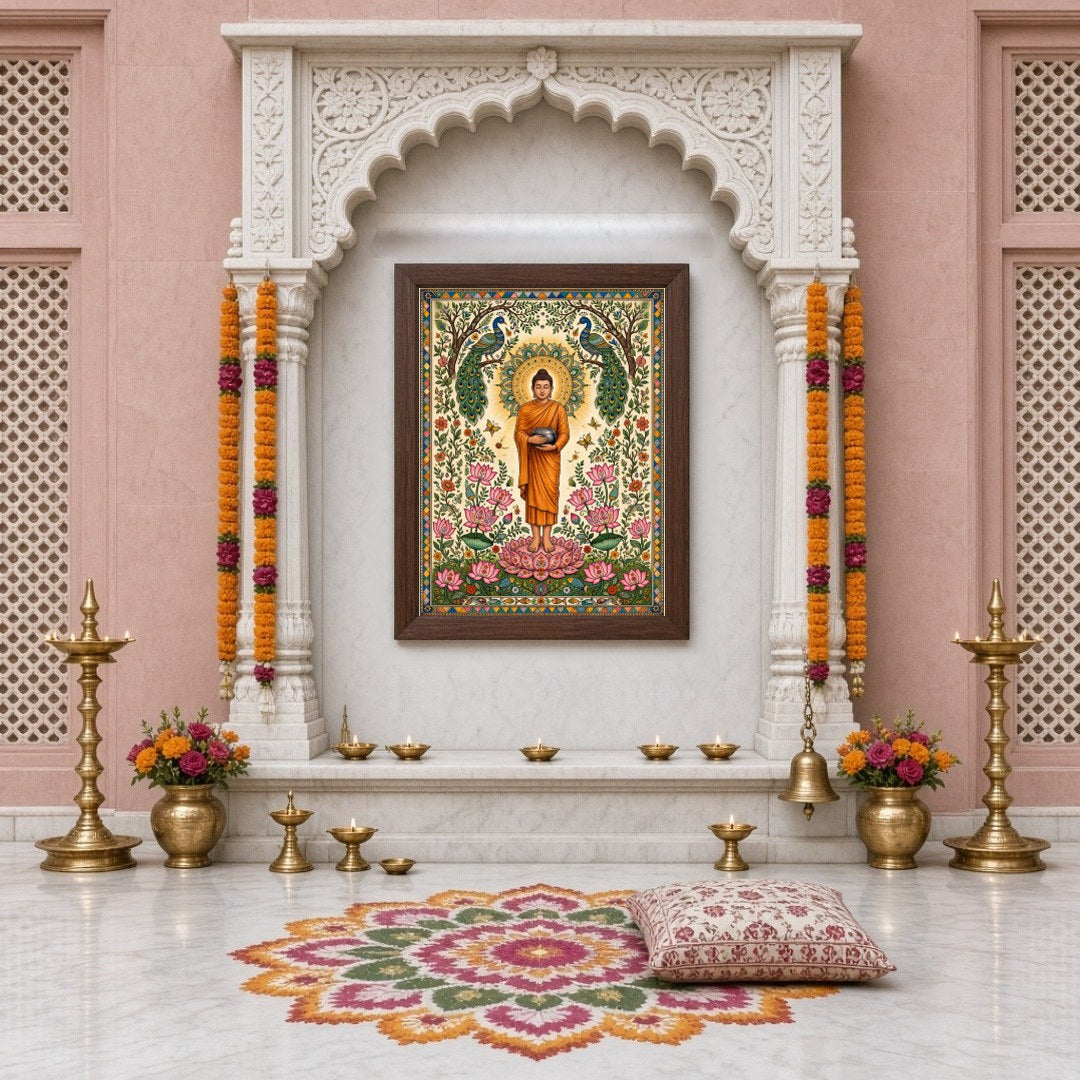 Immerse yourself in serenity with this exquisite artwork depicting Lord Buddha standing gracefully for Home Temple