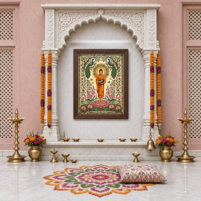 Immerse yourself in serenity with this exquisite artwork depicting Lord Buddha standing gracefully for Home Temple