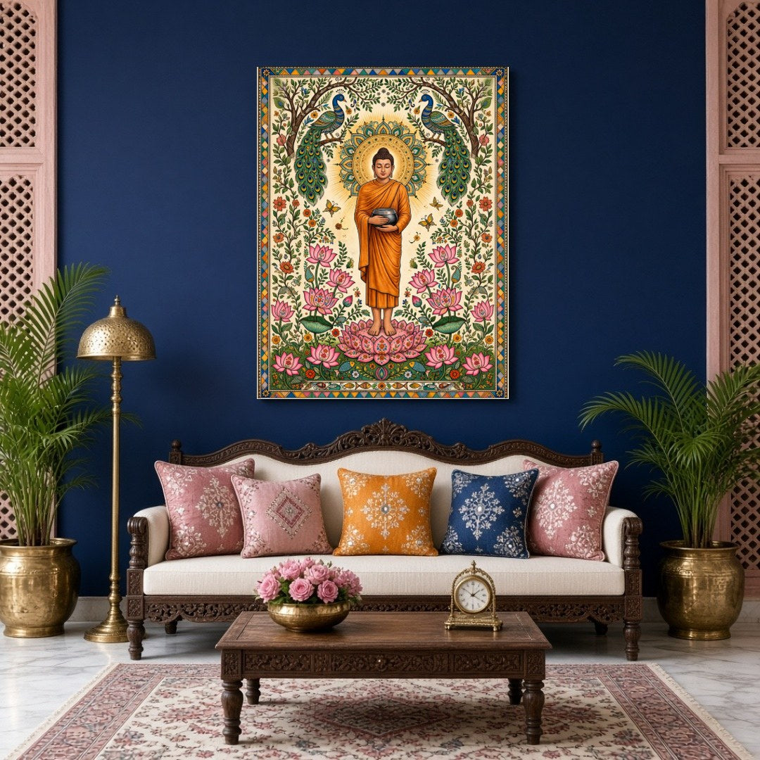 Immerse yourself in serenity with this exquisite artwork depicting Lord Buddha standing gracefully for Living Room