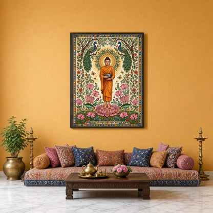 Immerse yourself in serenity with this exquisite artwork depicting Lord Buddha standing gracefully for Sitting Lounge