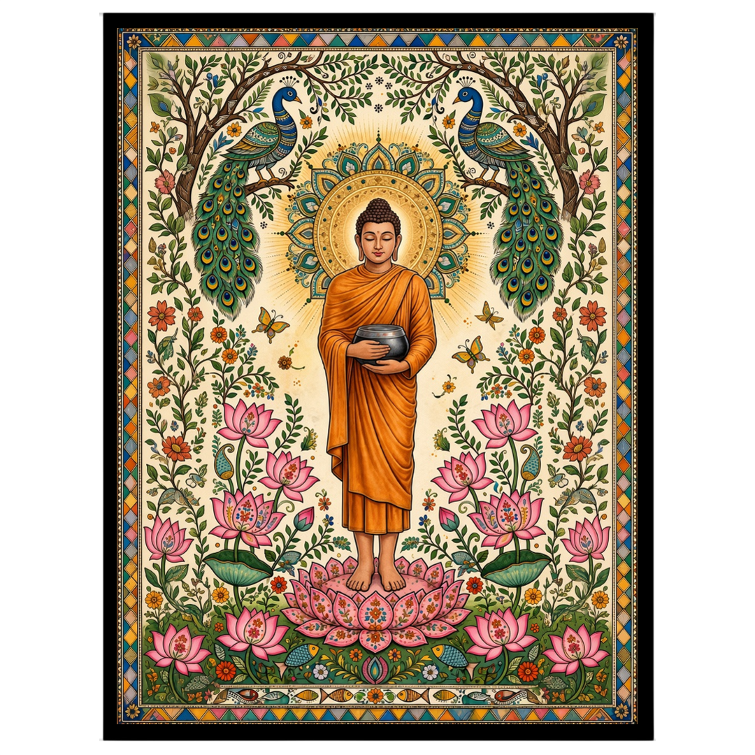 Immerse yourself in serenity with this exquisite artwork depicting Lord Buddha standing gracefully for sweet-home