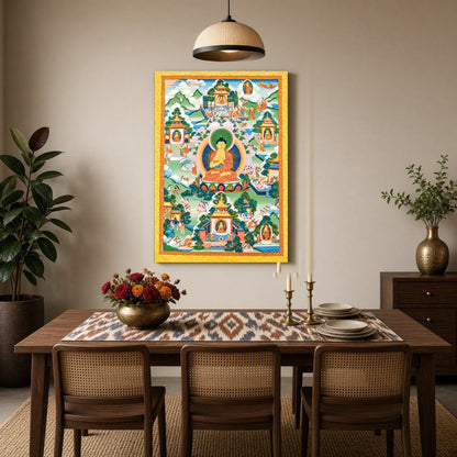 Immerse your space in serene spirituality with this captivating artwork depicting a tranquil Buddha for Dining