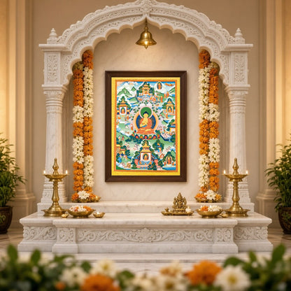 Immerse your space in serene spirituality with this captivating artwork depicting a tranquil Buddha for Home Temple