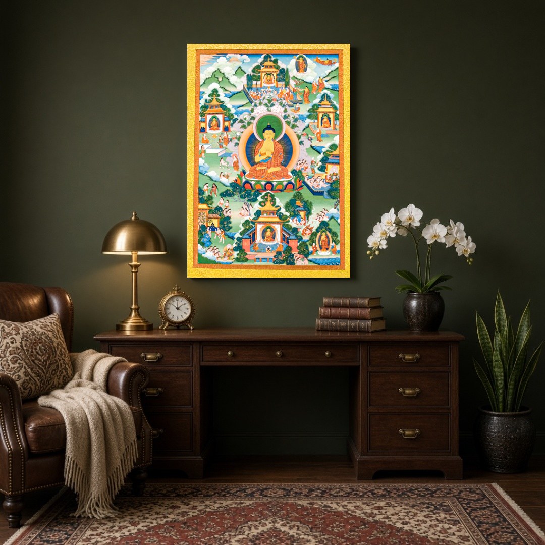 Immerse your space in serene spirituality with this captivating artwork depicting a tranquil Buddha for Study