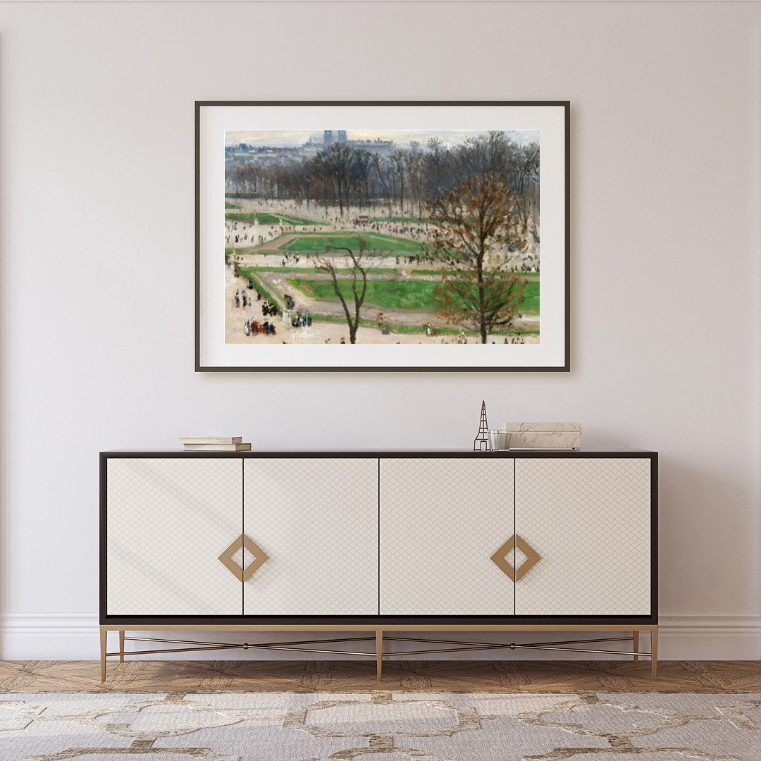 This exquisite artwork captures the serene beauty of a city park awakening in early spring. The for Foyer