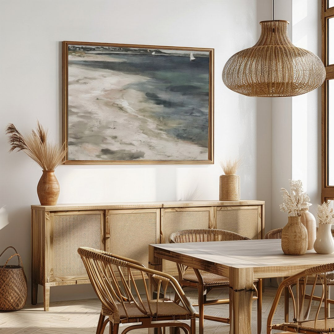 Immerse yourself in the serene beauty of this coastal artwork where land meets sea. Soft, evocative for Dining