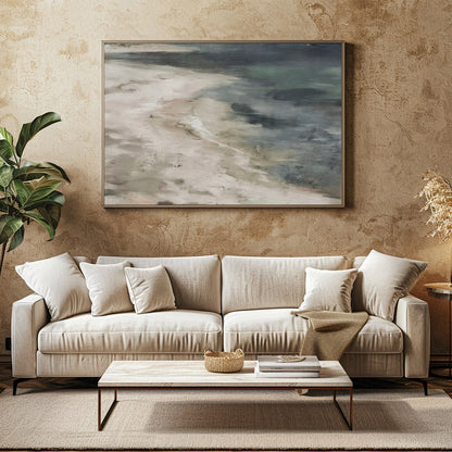 Immerse yourself in the serene beauty of this coastal artwork where land meets sea. Soft, evocative for Family Room