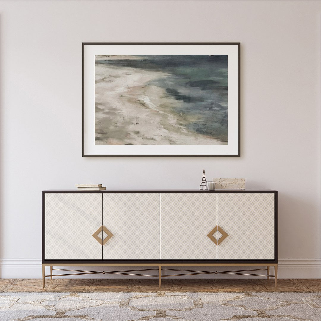 Immerse yourself in the serene beauty of this coastal artwork where land meets sea. Soft, evocative for Foyer