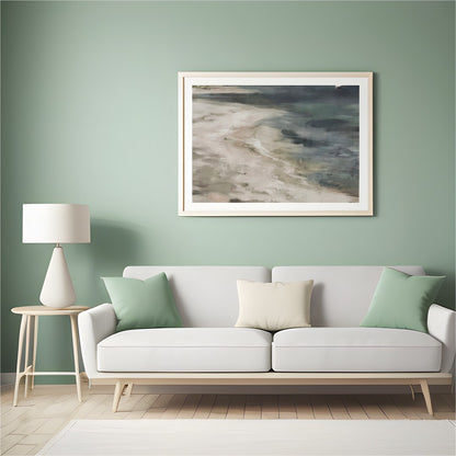 Immerse yourself in the serene beauty of this coastal artwork where land meets sea. Soft, evocative for Hall
