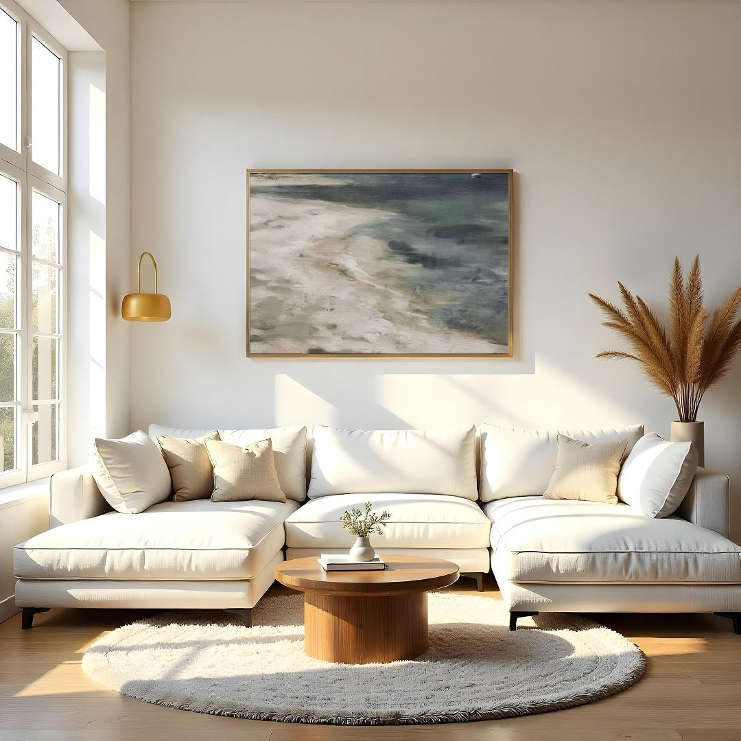 Immerse yourself in the serene beauty of this coastal artwork where land meets sea. Soft, evocative for Living Room