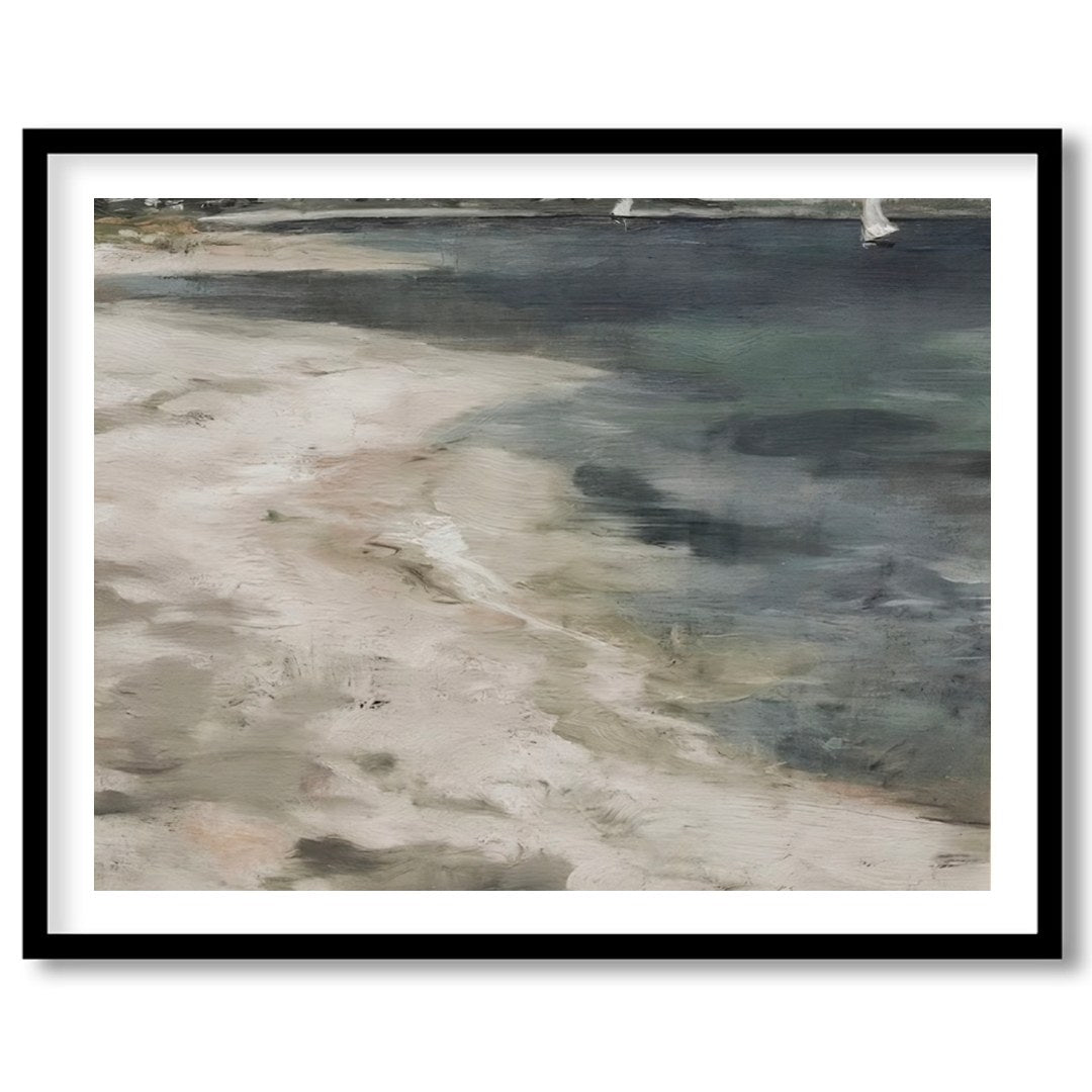 Immerse yourself in the serene beauty of this coastal artwork where land meets sea. Soft, evocative for nook