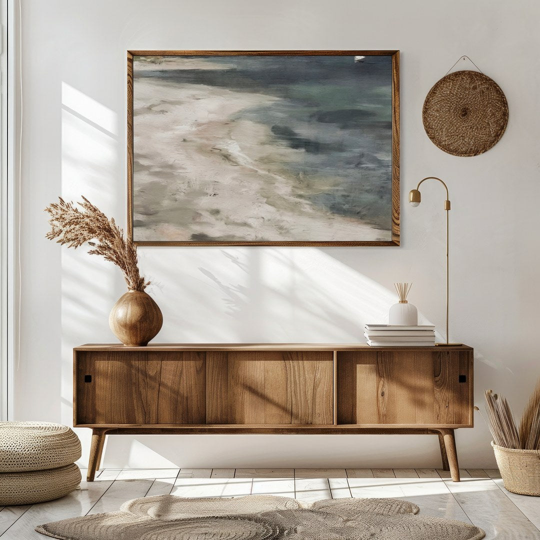 Immerse yourself in the serene beauty of this coastal artwork where land meets sea. Soft, evocative for Sitting Area