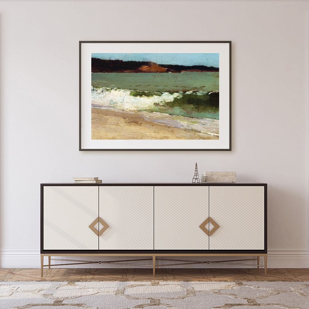 Immerse yourself in the calming embrace of this coastal artwork, capturing the serene essence of a for Foyer