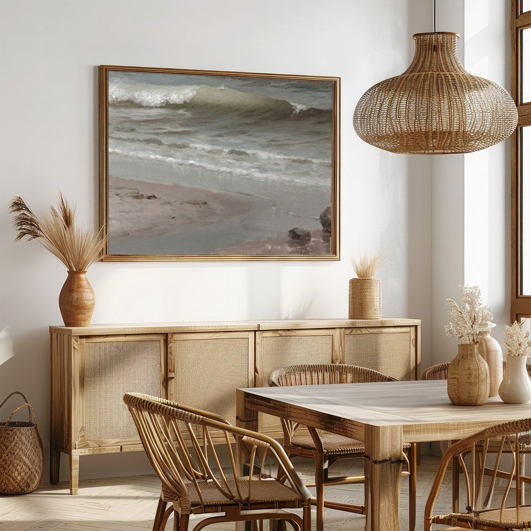 Experience the serene beauty of the shoreline with this captivating coastal scene. Soft, muted for Dining