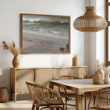 Experience the serene beauty of the shoreline with this captivating coastal scene. Soft, muted for Dining