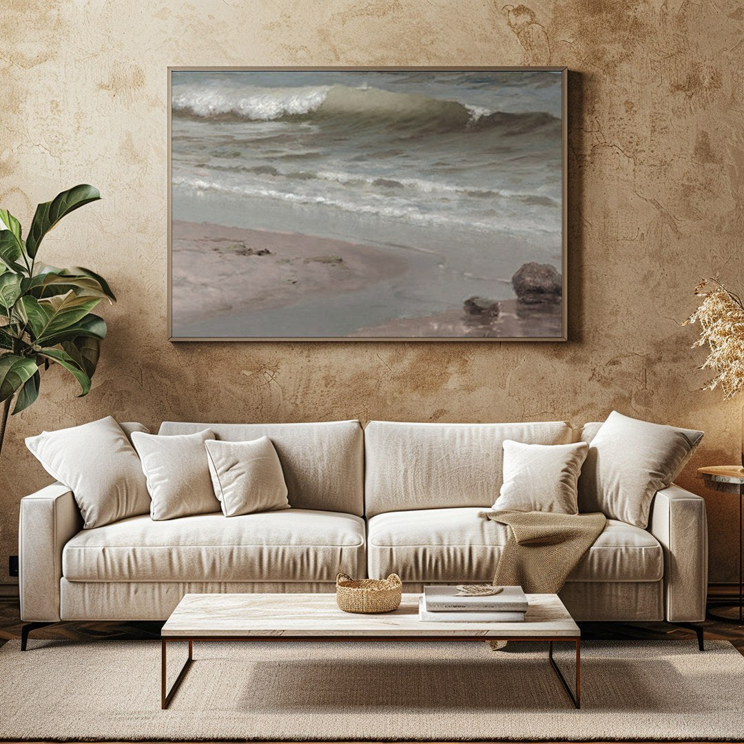 Experience the serene beauty of the shoreline with this captivating coastal scene. Soft, muted for Family Room