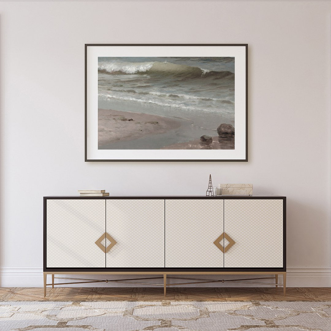 Experience the serene beauty of the shoreline with this captivating coastal scene. Soft, muted for Foyer