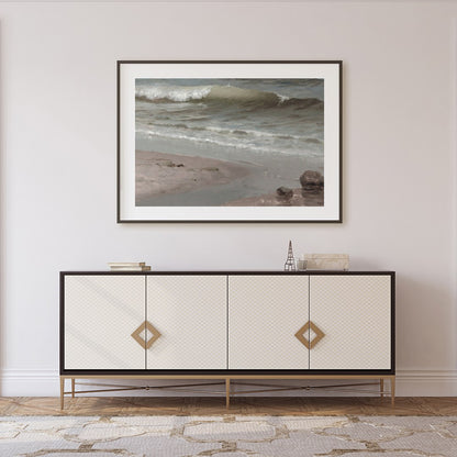 Experience the serene beauty of the shoreline with this captivating coastal scene. Soft, muted for Foyer