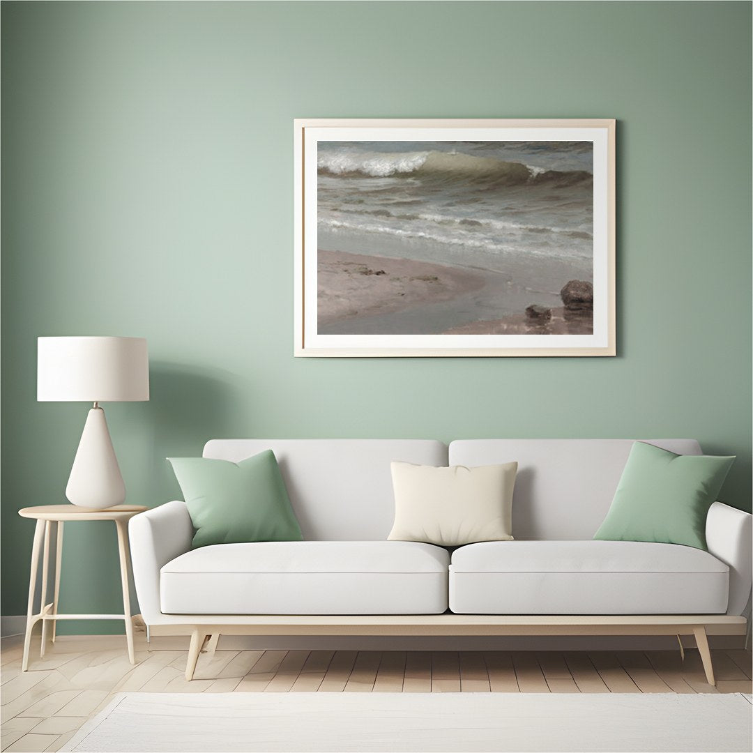Experience the serene beauty of the shoreline with this captivating coastal scene. Soft, muted for Hall