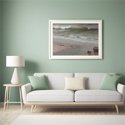 Experience the serene beauty of the shoreline with this captivating coastal scene. Soft, muted for Hall