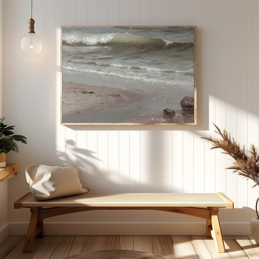 Experience the serene beauty of the shoreline with this captivating coastal scene. Soft, muted for Hallway