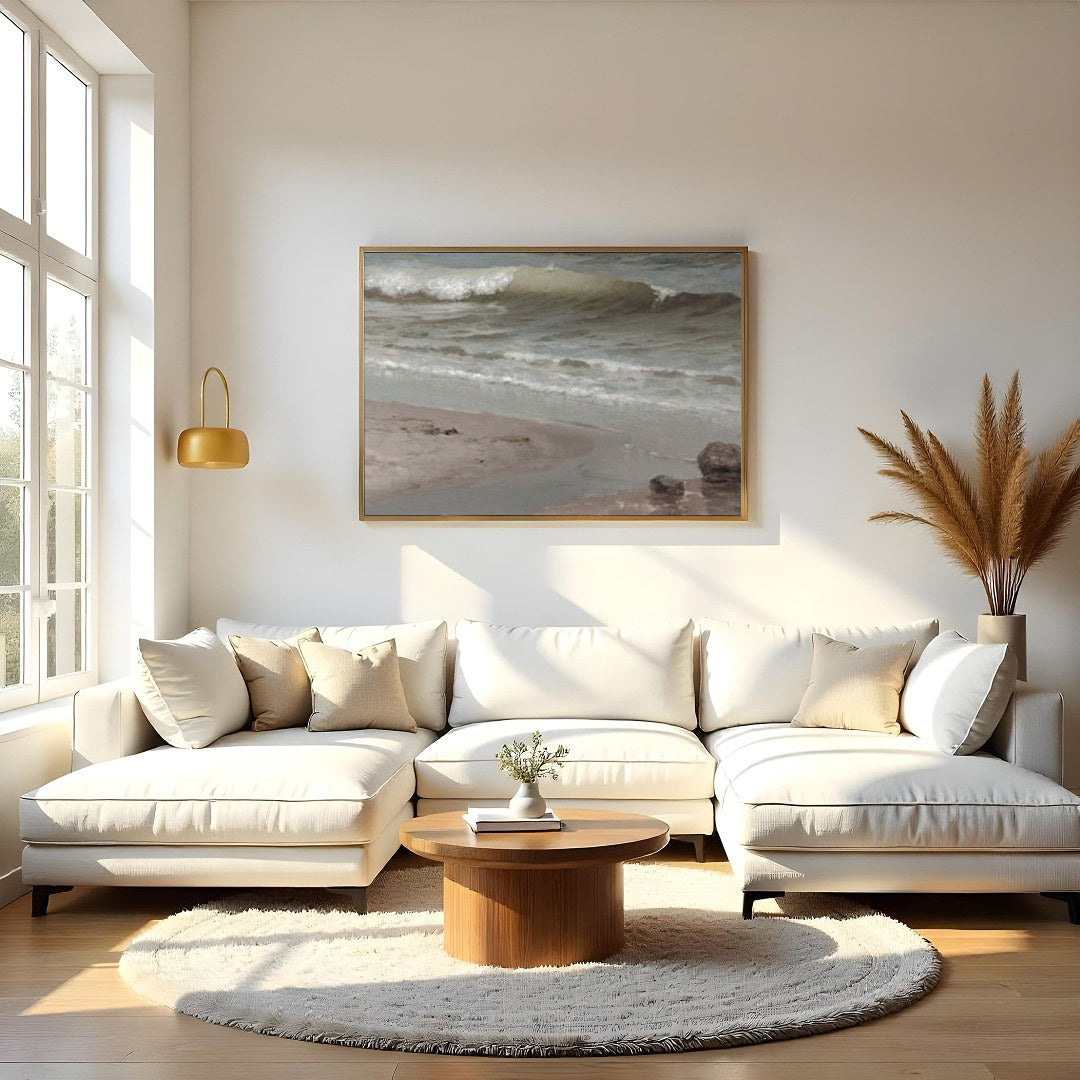 Experience the serene beauty of the shoreline with this captivating coastal scene. Soft, muted for Living Room