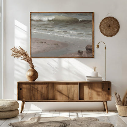 Experience the serene beauty of the shoreline with this captivating coastal scene. Soft, muted for Sitting Area