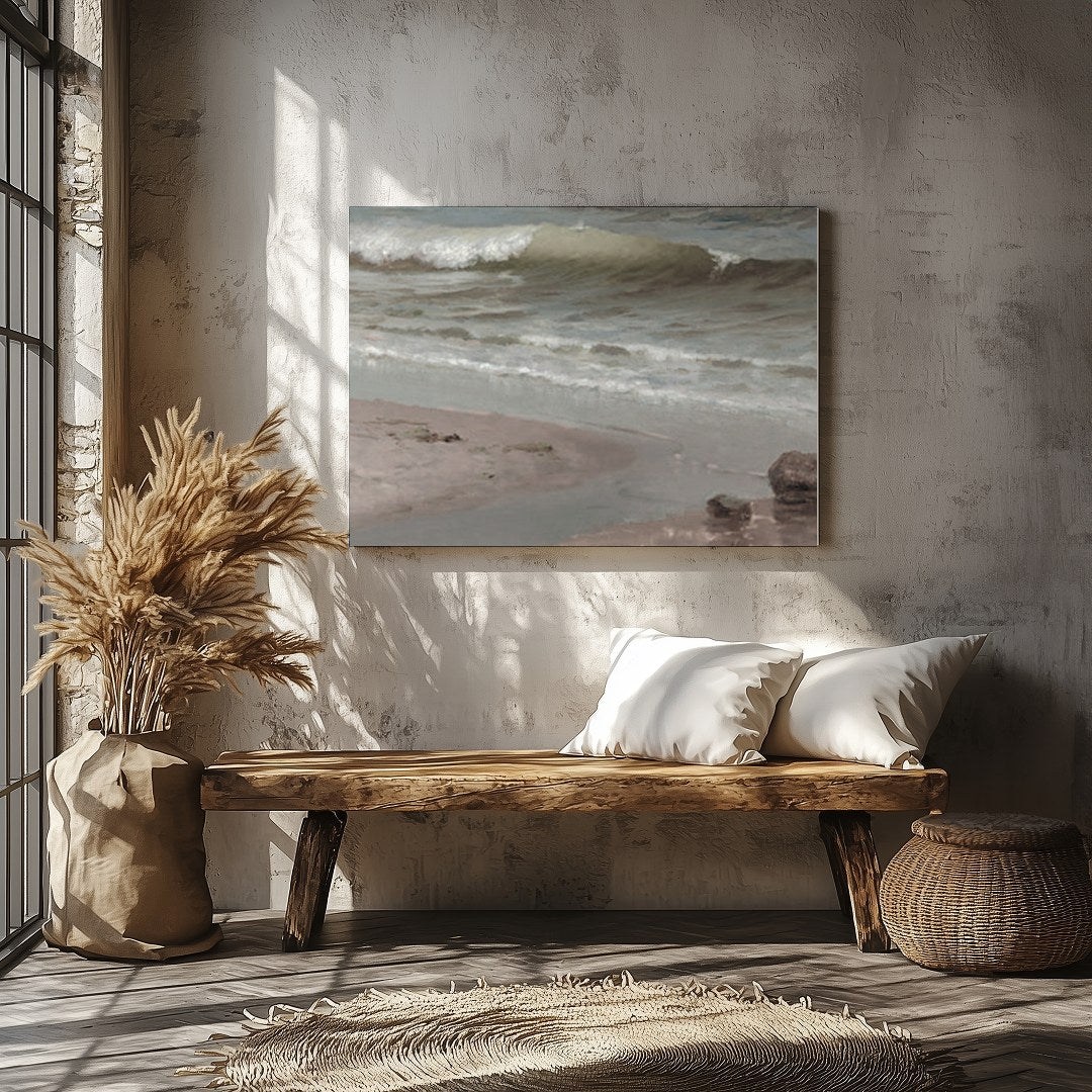 Experience the serene beauty of the shoreline with this captivating coastal scene. Soft, muted for Veranda