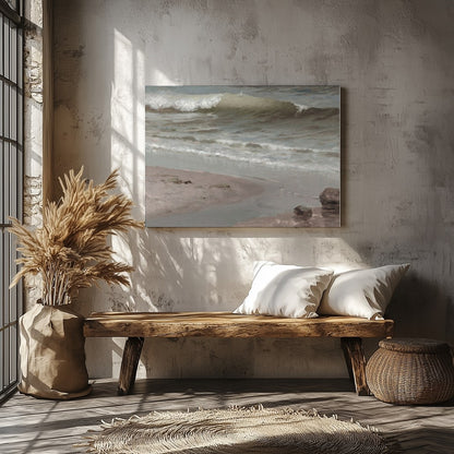 Experience the serene beauty of the shoreline with this captivating coastal scene. Soft, muted for Veranda