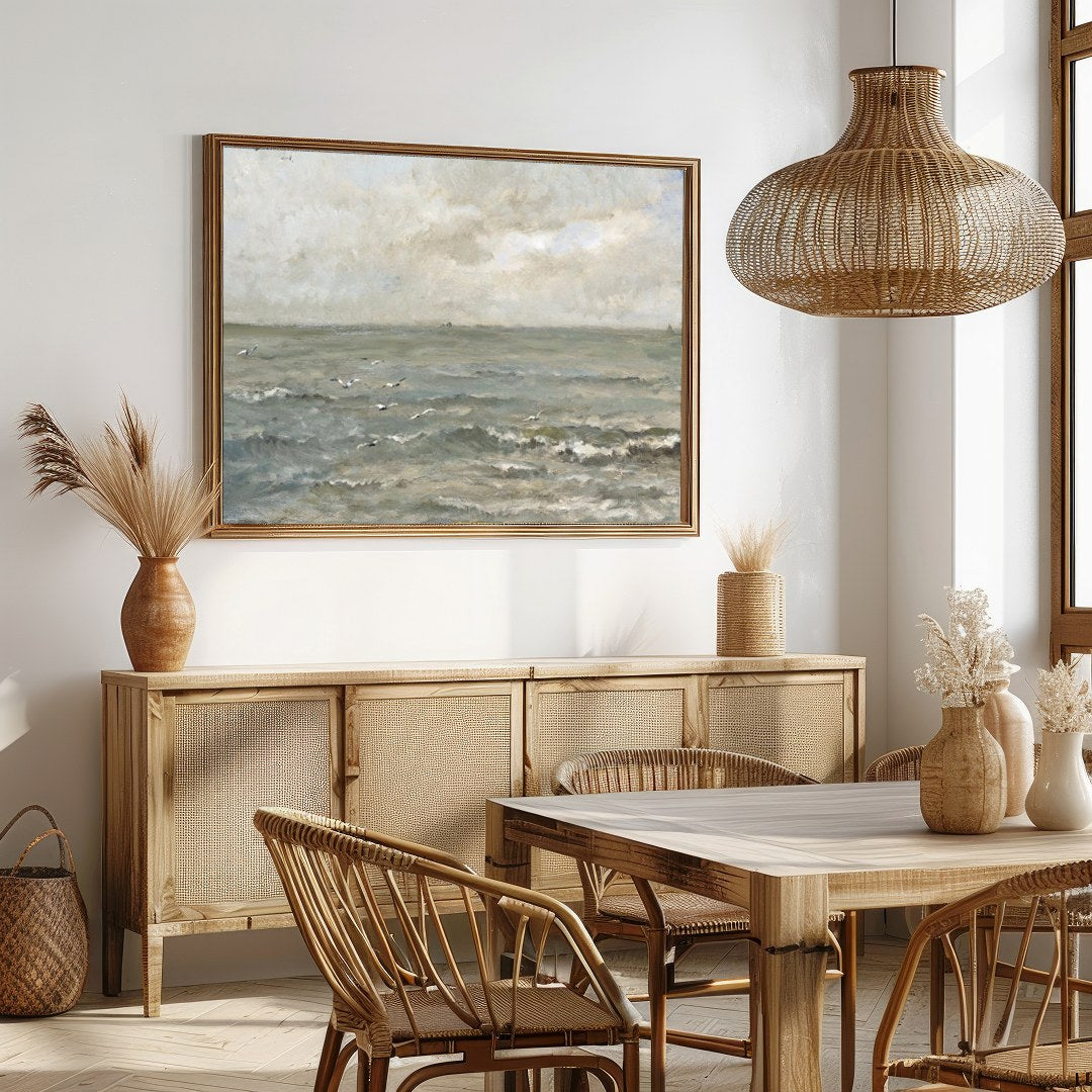 Immerse yourself in the serene elegance of 'Tranquil Coastal Skies,' a captivating landscape for Dining