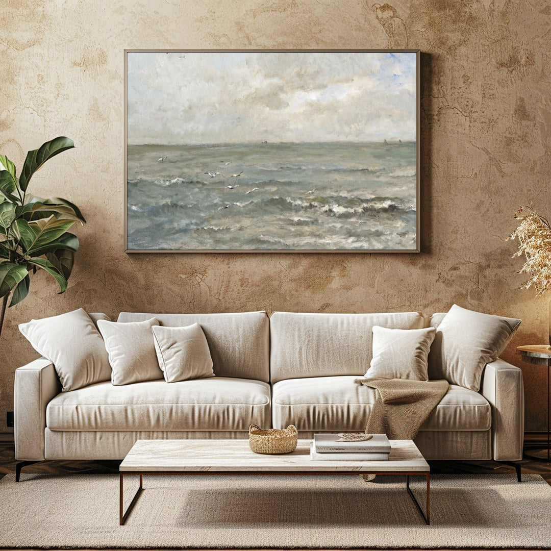 Immerse yourself in the serene elegance of 'Tranquil Coastal Skies,' a captivating landscape for Family Room