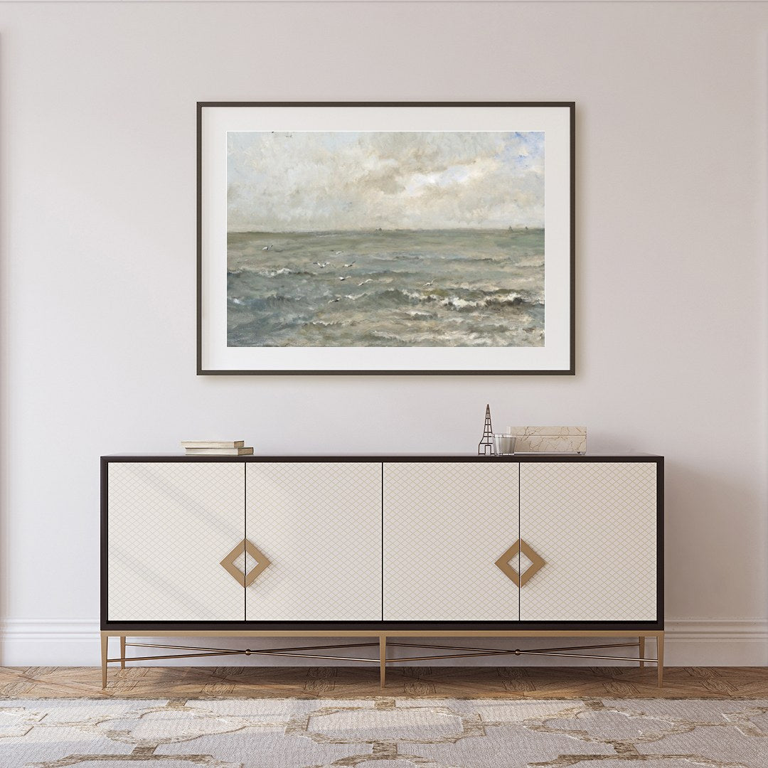 Immerse yourself in the serene elegance of 'Tranquil Coastal Skies,' a captivating landscape for Foyer