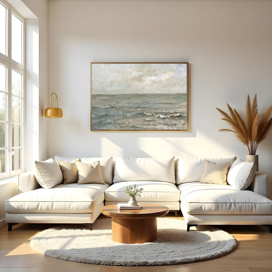 Immerse yourself in the serene elegance of 'Tranquil Coastal Skies,' a captivating landscape for Living Room