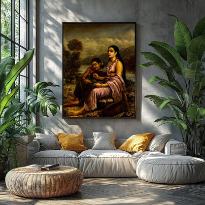 This captivating artwork depicts two serene figures seated by a tranquil riverside, with a gentle for Balcony