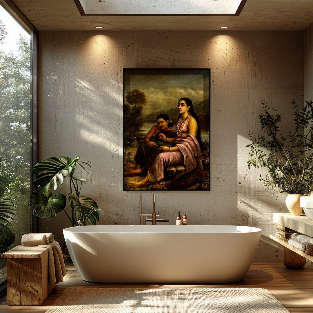 This captivating artwork depicts two serene figures seated by a tranquil riverside, with a gentle for Bathroom